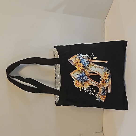 Hand Crafred Reusable Tote Bag Sunflower Motif Black Canvas Bag Multicolored 13" - Picture 12 of 17